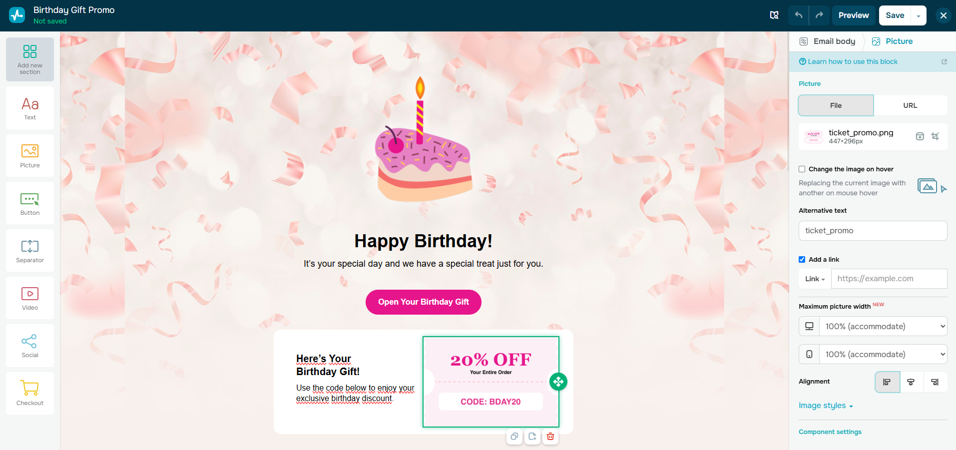 SendPulse drag-and-drop email editor showing a birthday promo with a discount-code coupon block and the image settings panel