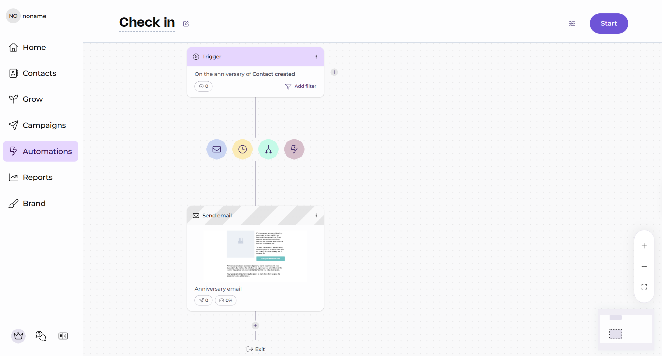 EmailOctopus automation flow builder showing a “Check in” anniversary automation — an “On the anniversary of Contact created” trigger, a row of step types (email, delay, split, action), and a Send email step with an anniversary email