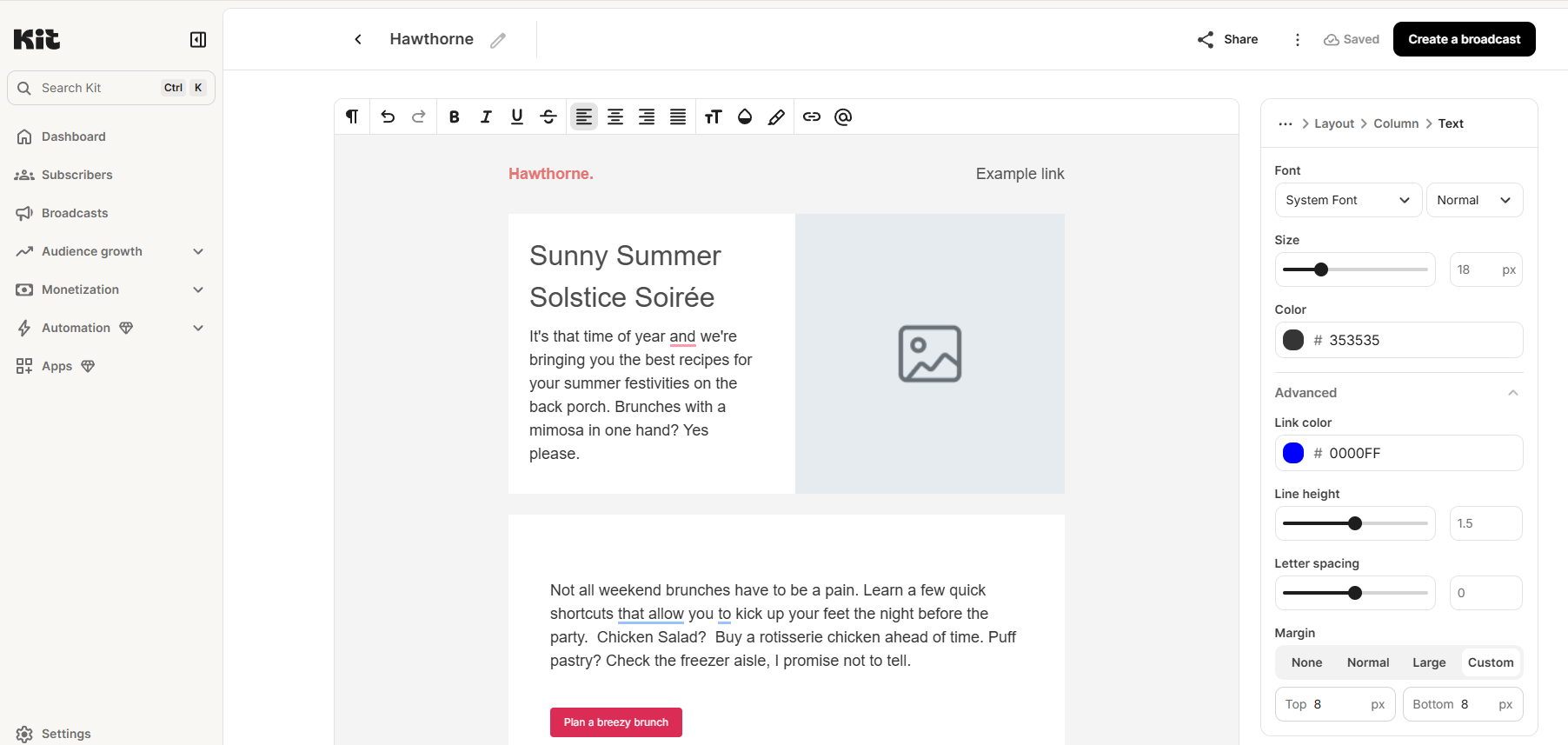 Kit broadcast editor showing a “Sunny Summer Solstice Soirée” newsletter with text, an image block, and a button, and a right-hand Text panel for font, size, color, line height, and letter spacing