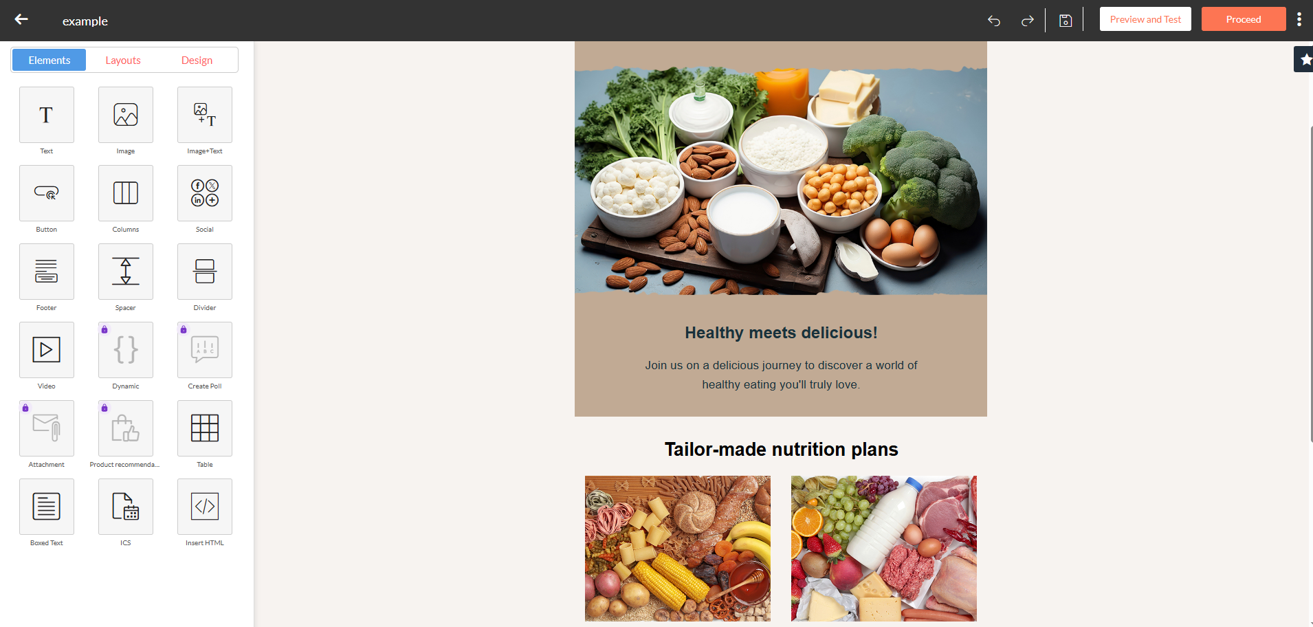 Zoho Campaigns email editor showing a nutrition newsletter template, with an Elements panel and Layouts/Design tabs