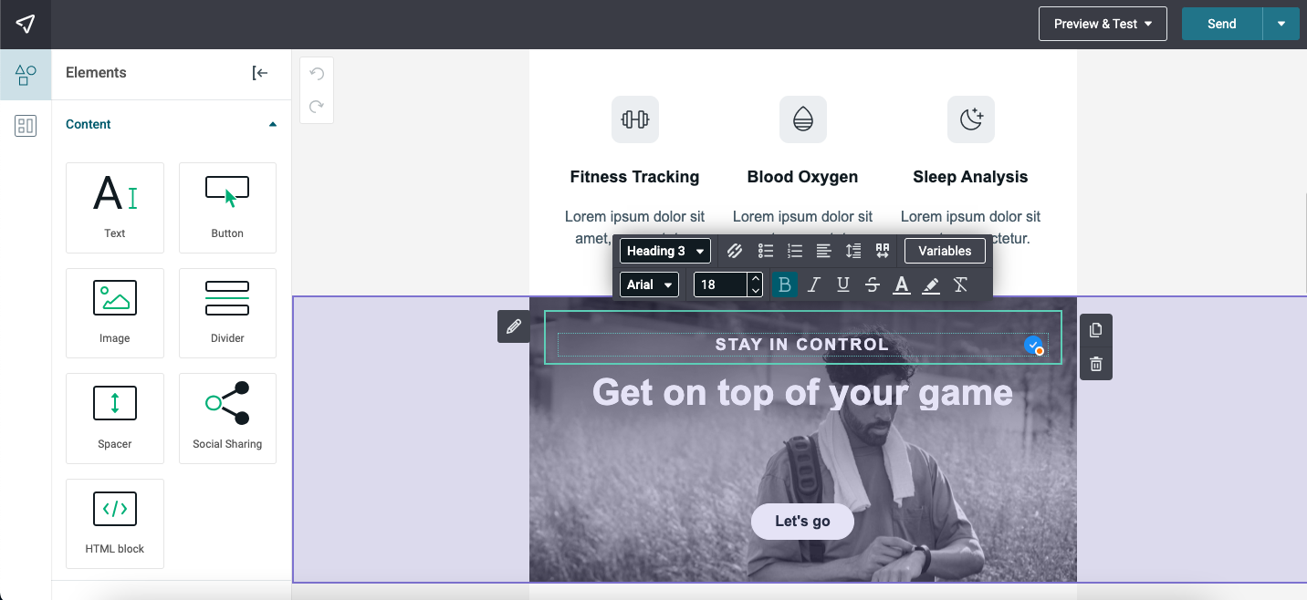 Mailjet email editor showing a fitness watch template with an Elements panel and an inline text toolbar including a Variables control