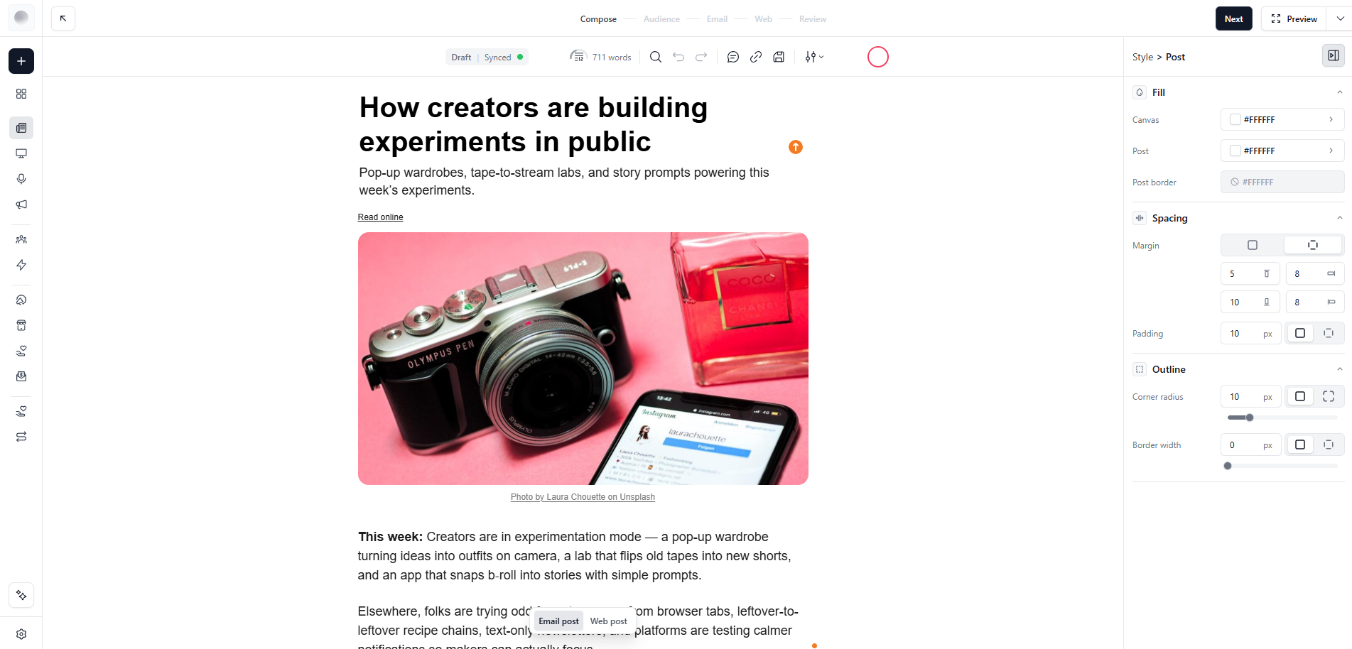 beehiiv post editor showing a draft newsletter with a Compose–Audience–Email–Web–Review publishing flow, an Email post / Web post toggle, and a Style panel for fill, spacing, and outline