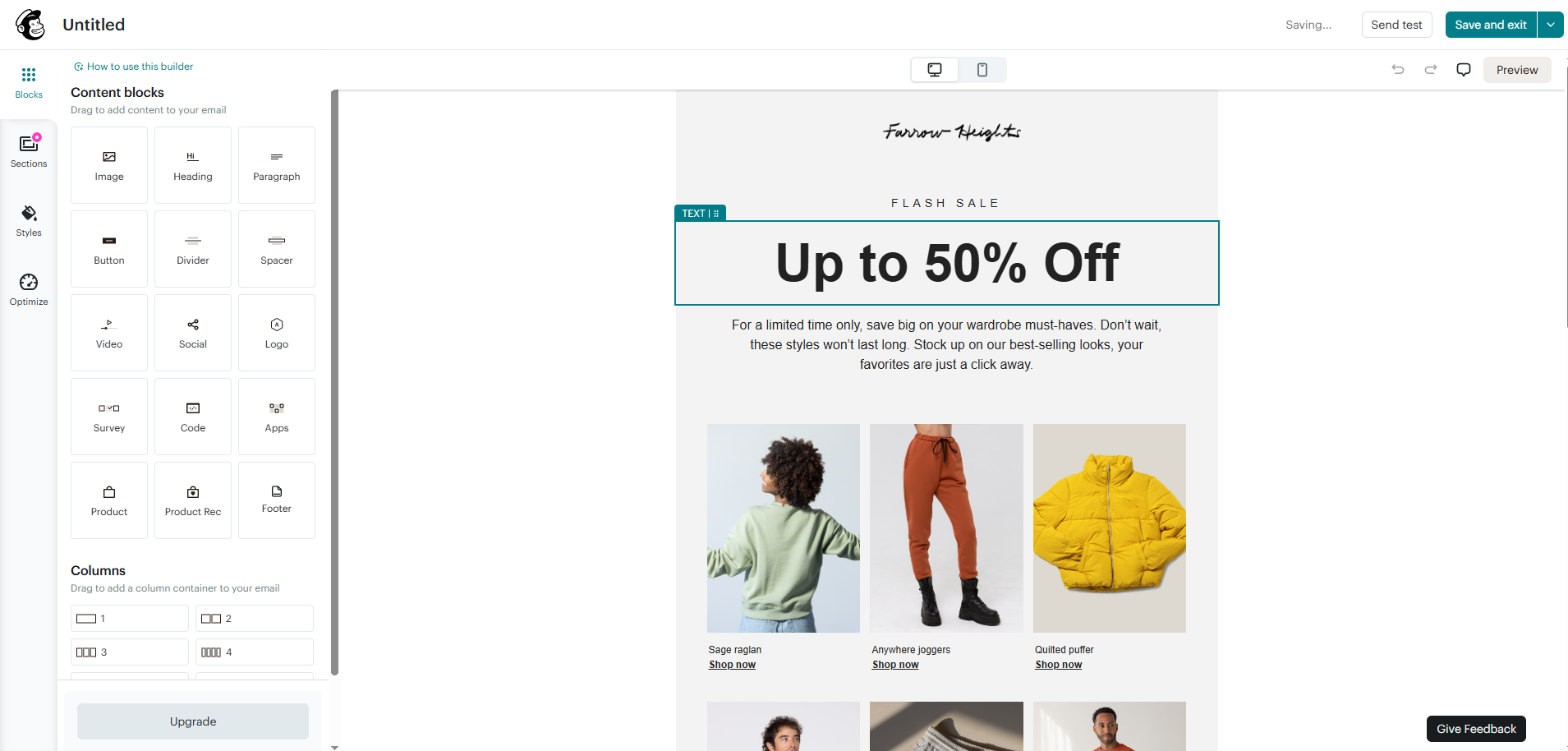 Mailchimp email editor with the content block panel open showing a designed Farrow Heights flash sale email with a 50% off header and a product grid