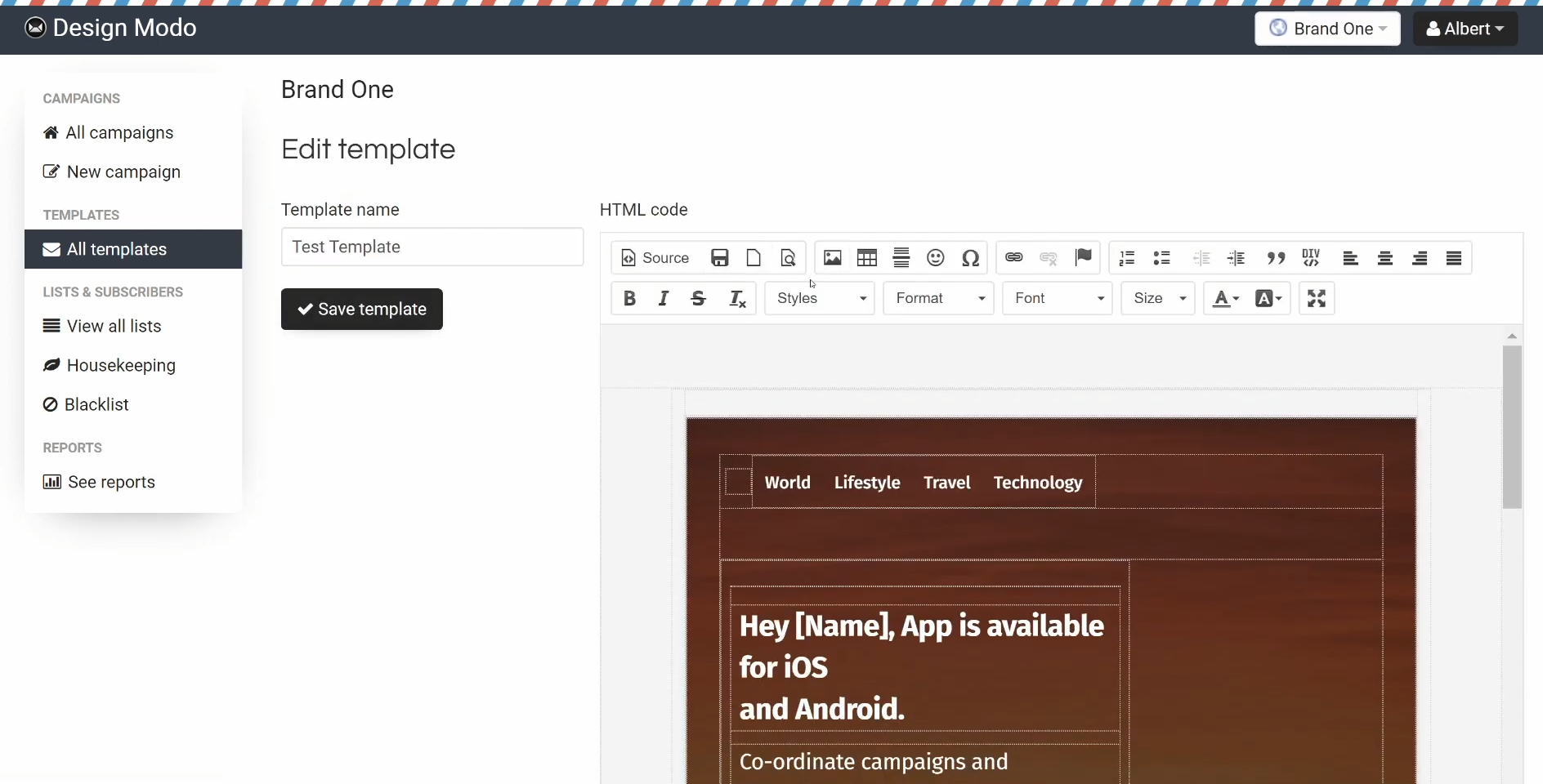 Sendy self-hosted email tool editing a “Brand One” template, with a Campaigns, Templates, and Lists sidebar and an HTML code view