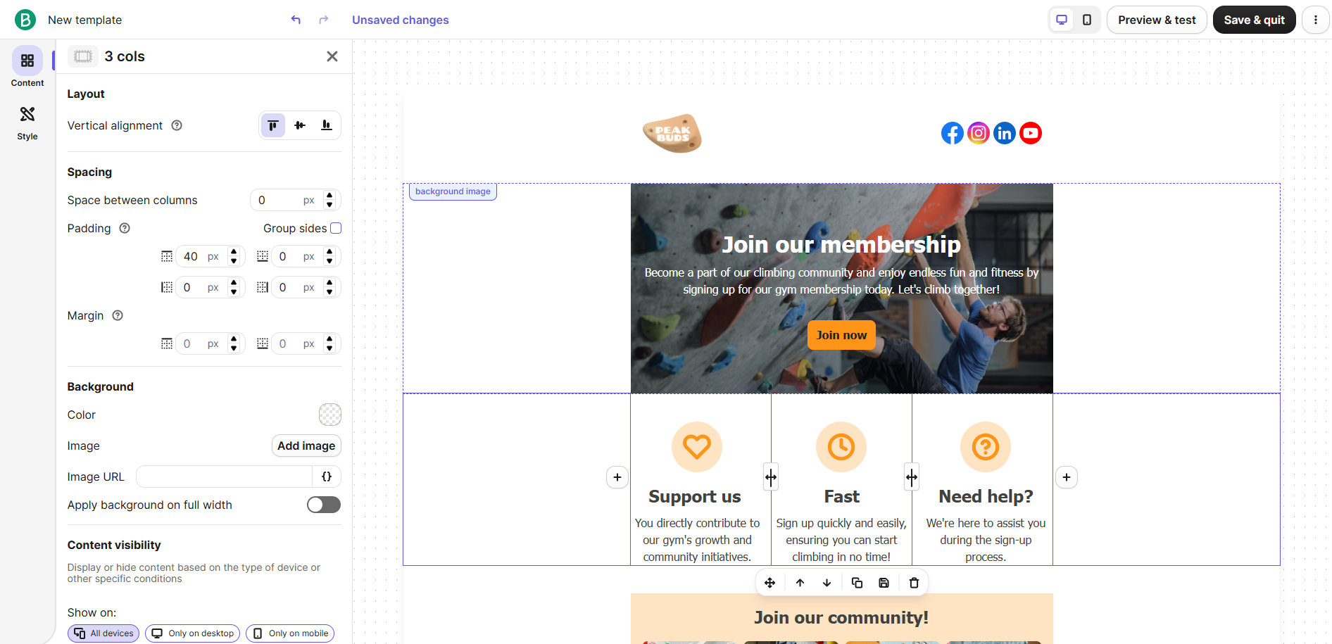 Brevo email template editor showing a three-column membership layout block with per-side padding controls