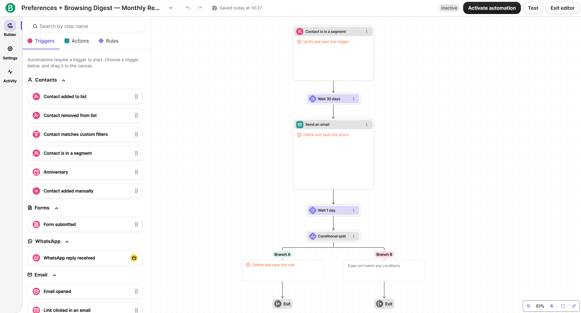 automation flow with a segment trigger, wait steps, a send-email action, and a conditional split into two branches