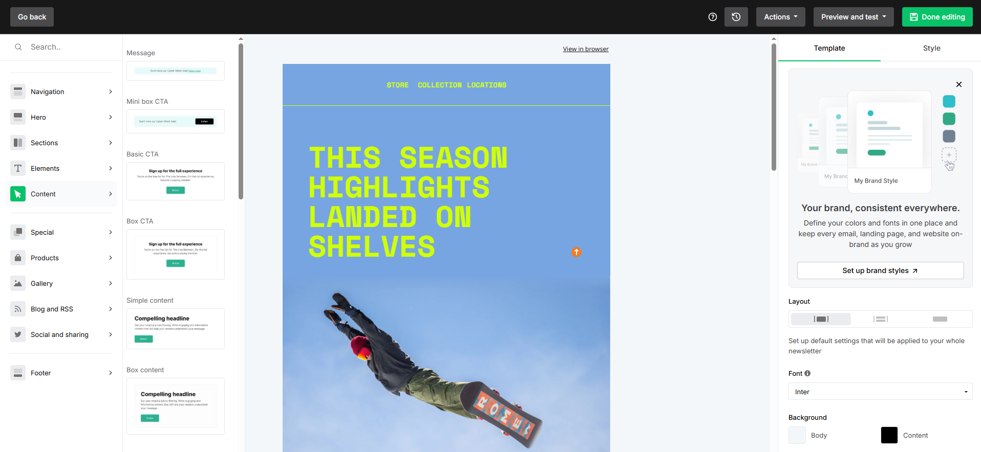 MailerLite email editor with the content-block library open and the Template panel showing brand styles, layout, and global font settings; canvas shows a seasonal campaign with a bold headline and hero image