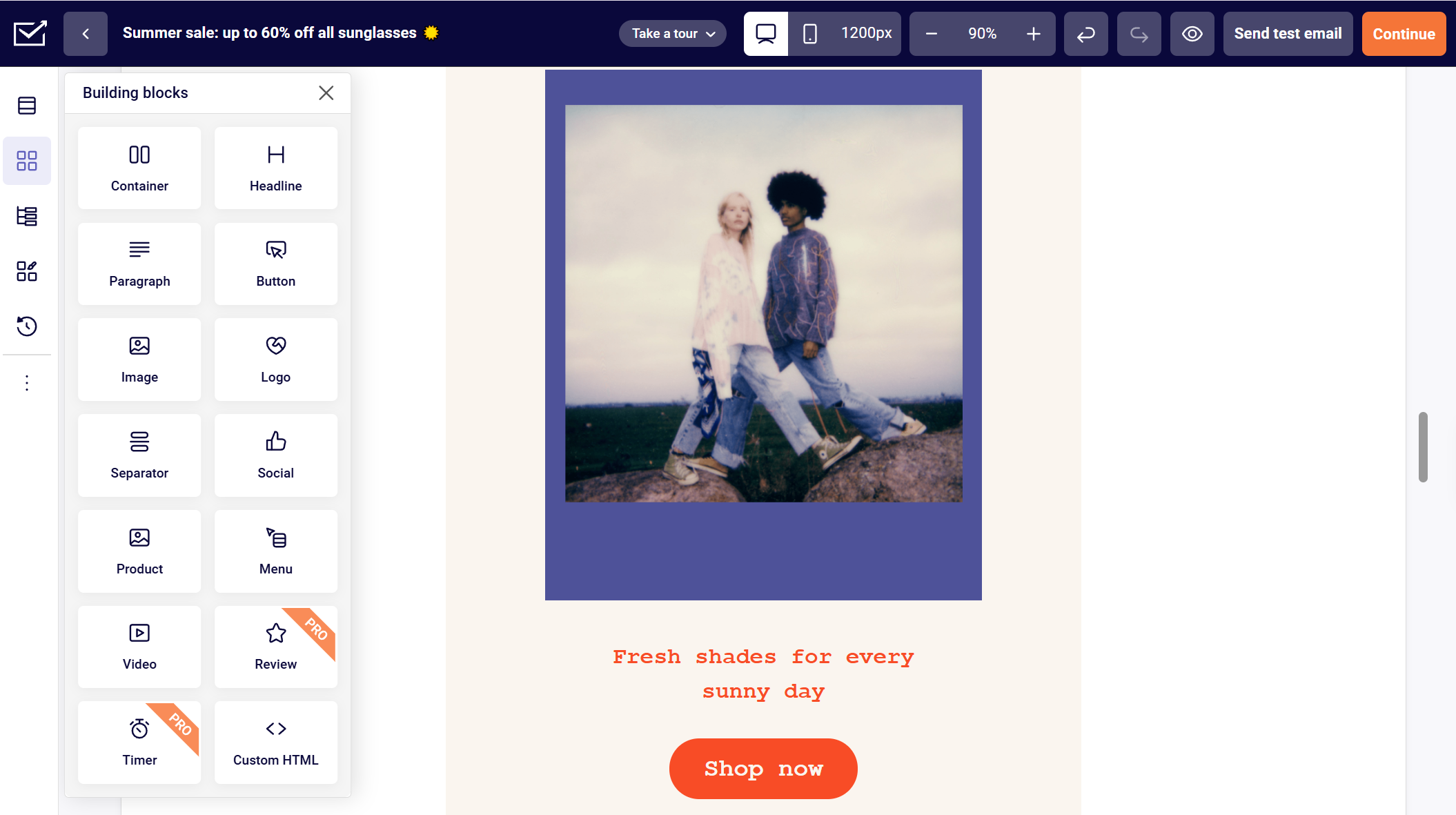 Sender drag-and-drop email editor with the Building blocks panel (including a Product block) open, showing a summer-sale campaign with a lifestyle image, headline, and Shop now button