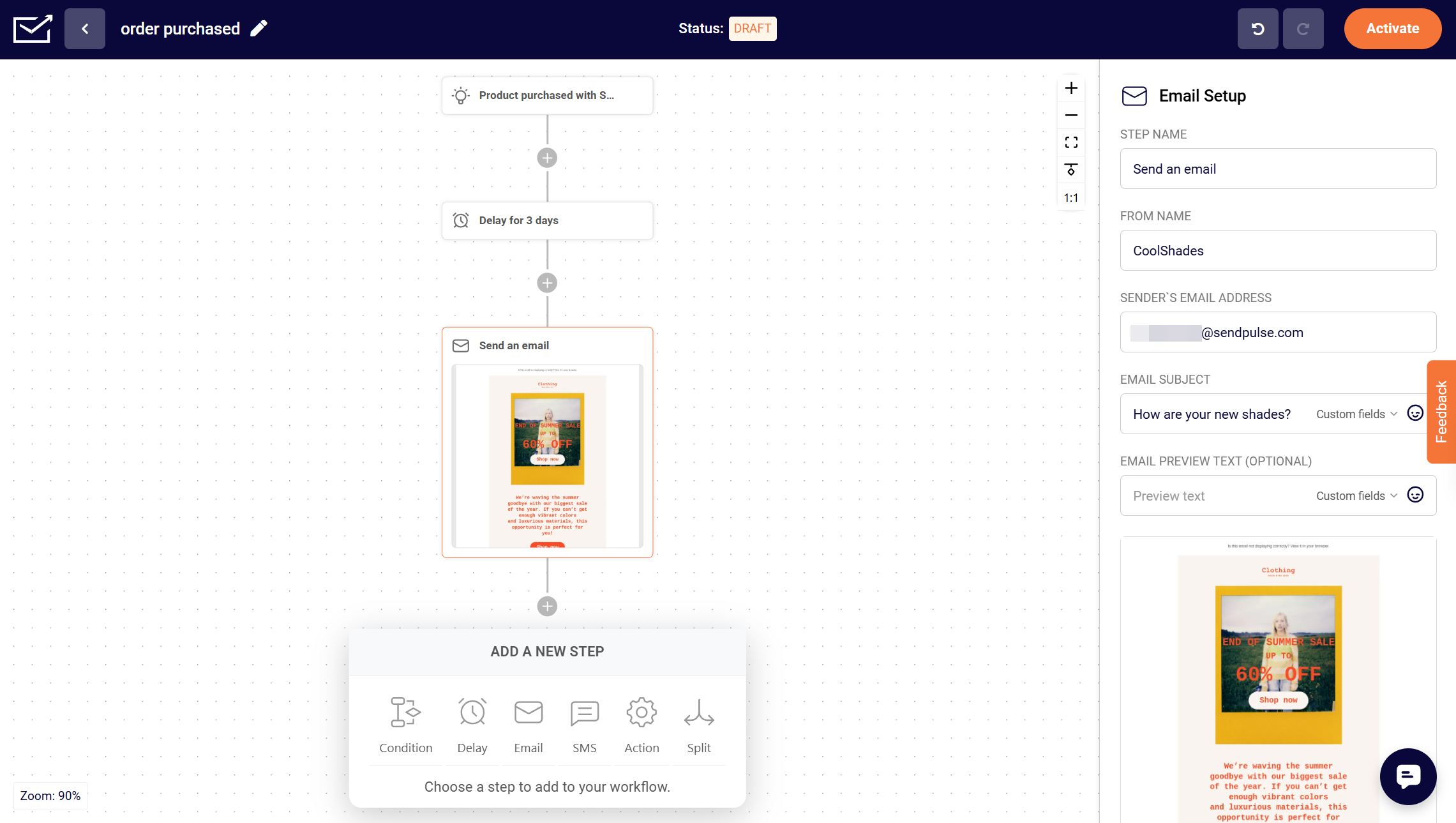 automation editor showing an order-purchased flow — a product-purchased trigger, a 3-day delay, and a sale email — with the Add a new step menu