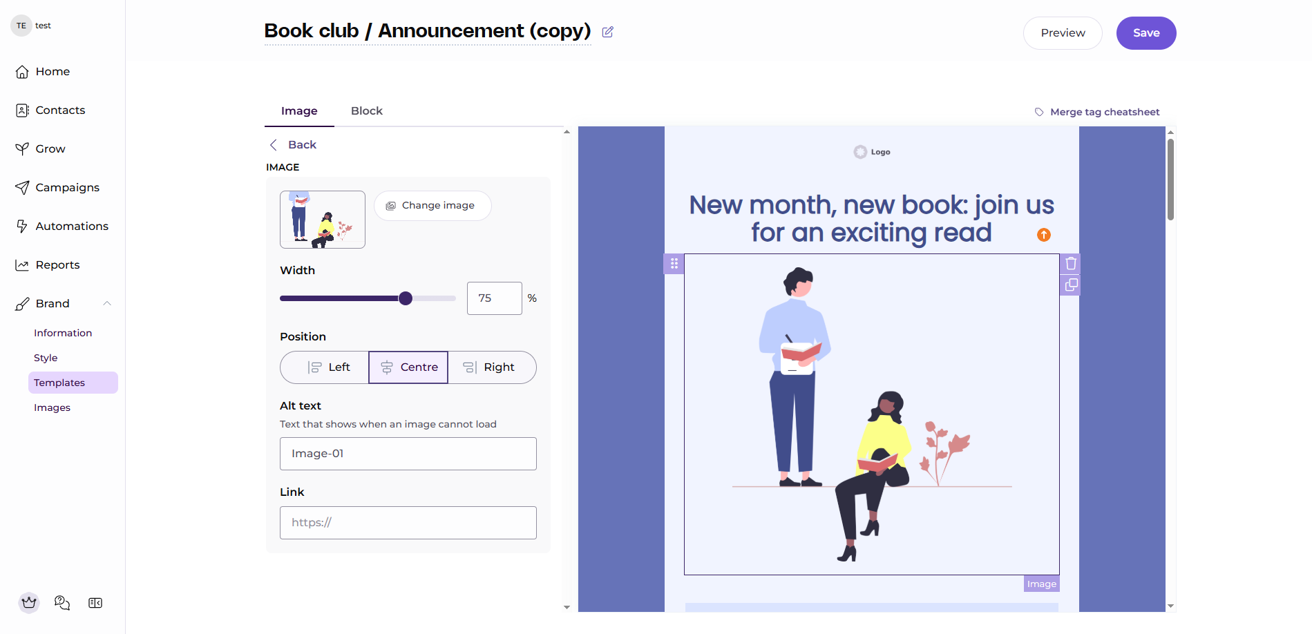 EmailOctopus email builder editing a “Book club” announcement newsletter, with the Image settings panel open