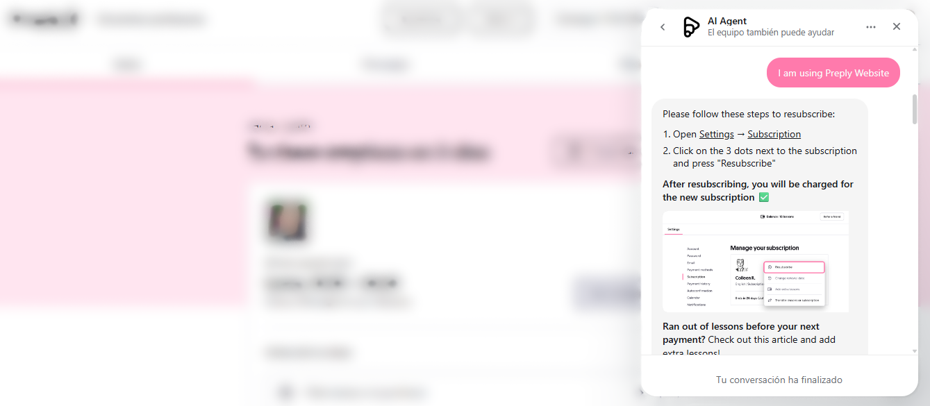 Preply utiliza un chat en vivo para resolver dudas de clientes