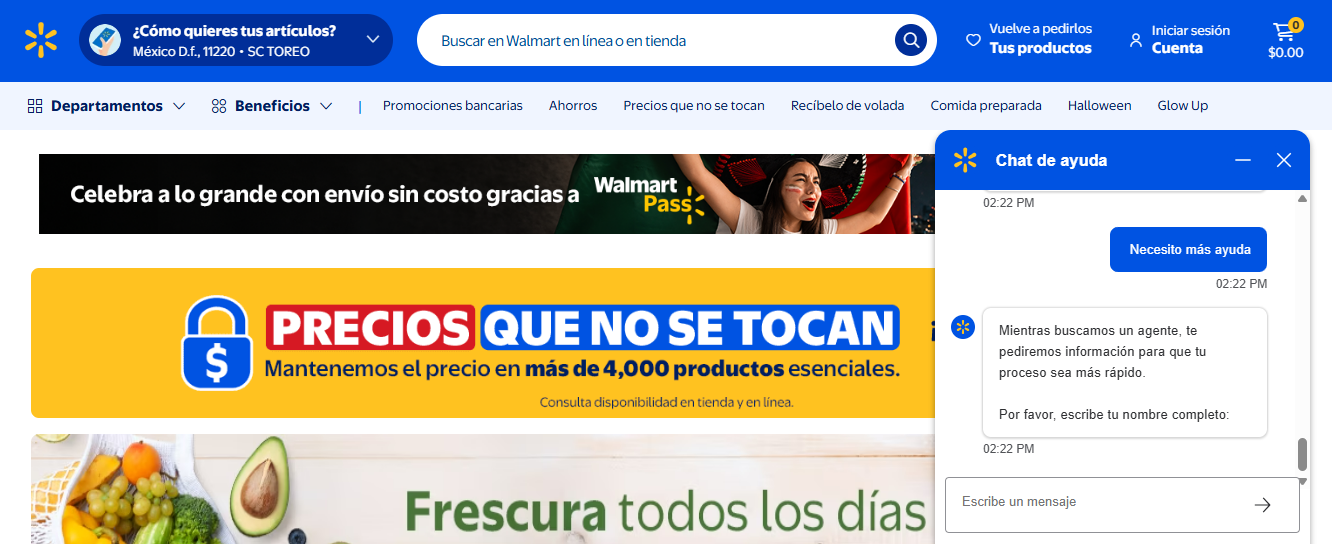 Chat en vivo Walmart ayuda envia a los clientes con un agente humano
