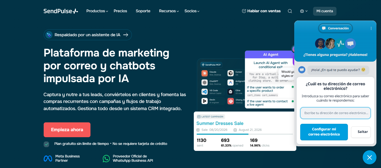 SendPulse permite crear un live chat, con el que las empresas pueden atender a los clientes desde su sitio web