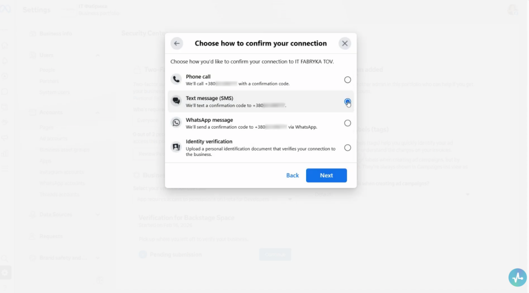 Selección de método de verificación de Meta Business Suite