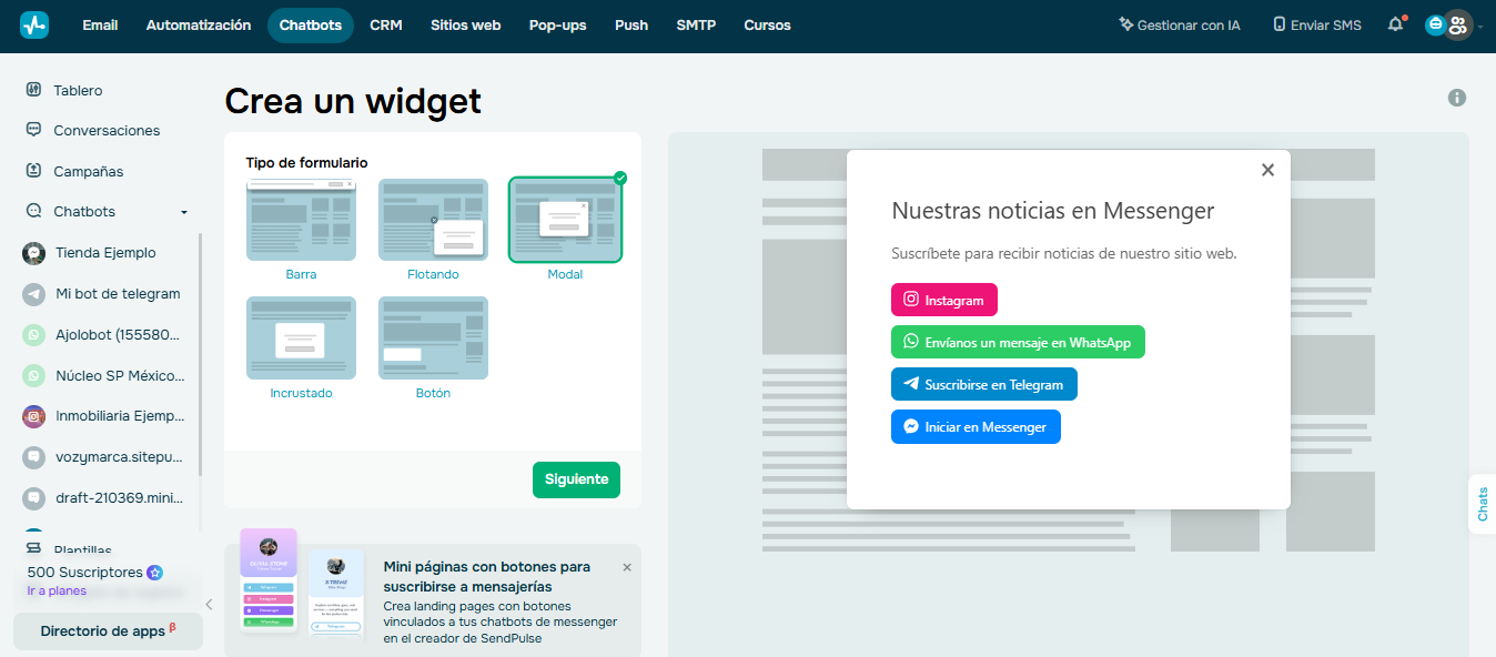 SendPulse permite determinar en qué lugar del sitio web aparecerá el widget de WhatsApp