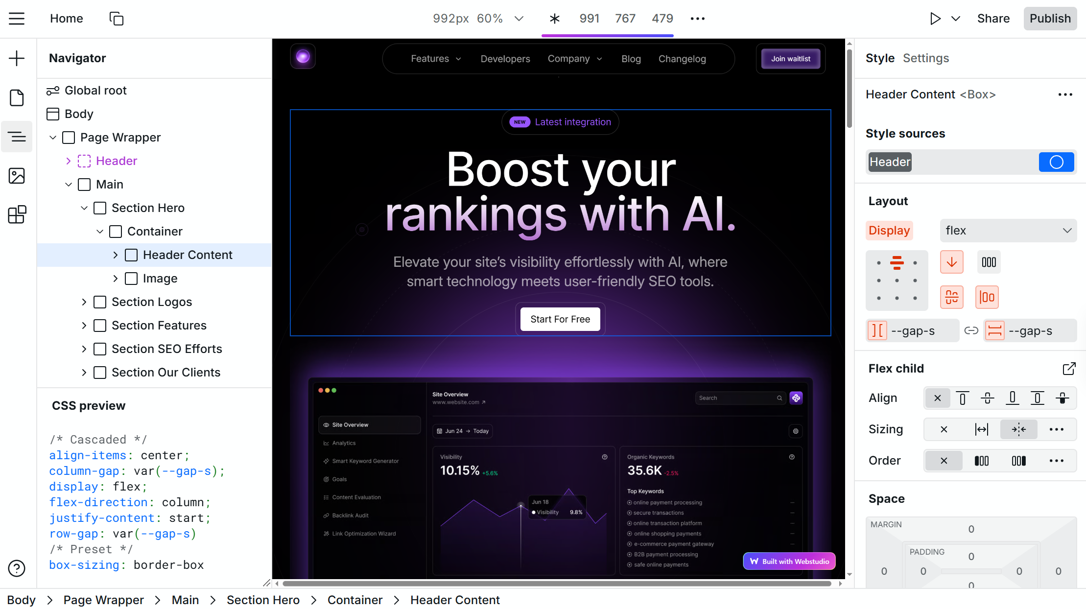 Styling a hero section with flexbox and design tokens in Webstudio