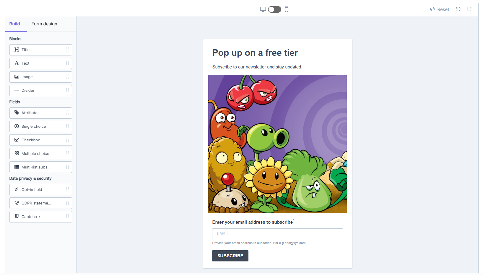 Brevo signup form builder with title, text, image, attribute, choice, checkbox, multi-list, opt-in, GDPR, and CAPTCHA elements