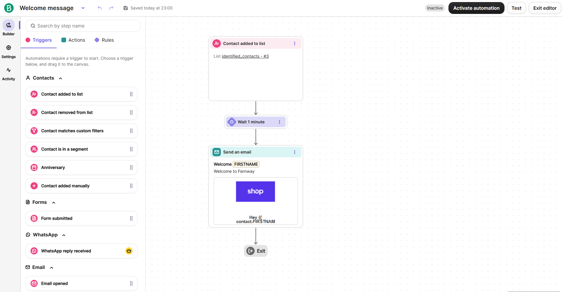 Brevo automation builder with a triggers panel and a welcome workflow with a wait step and a send email action