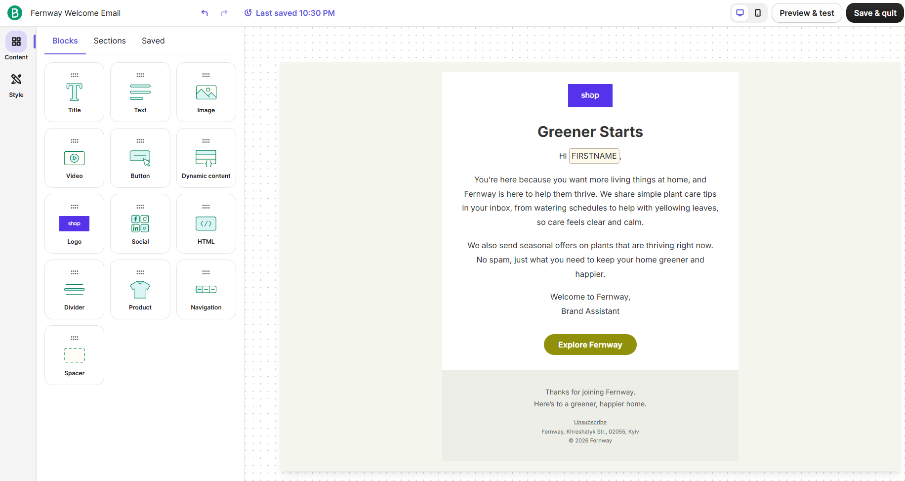 Brevo drag-and-drop email editor with a Blocks panel and a plant shop welcome email with a personalized first name greeting