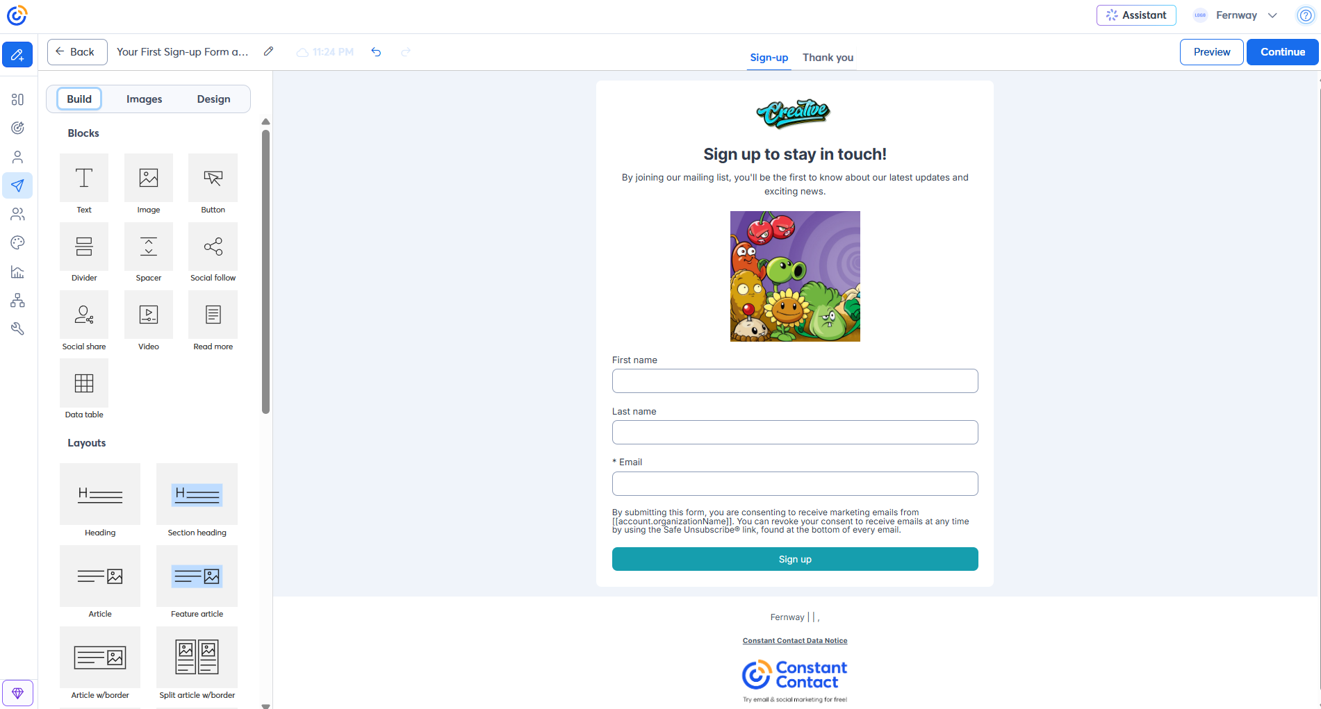 Constant Contact signup form builder with content blocks, layouts, and a signup page with first name, last name, and email fields