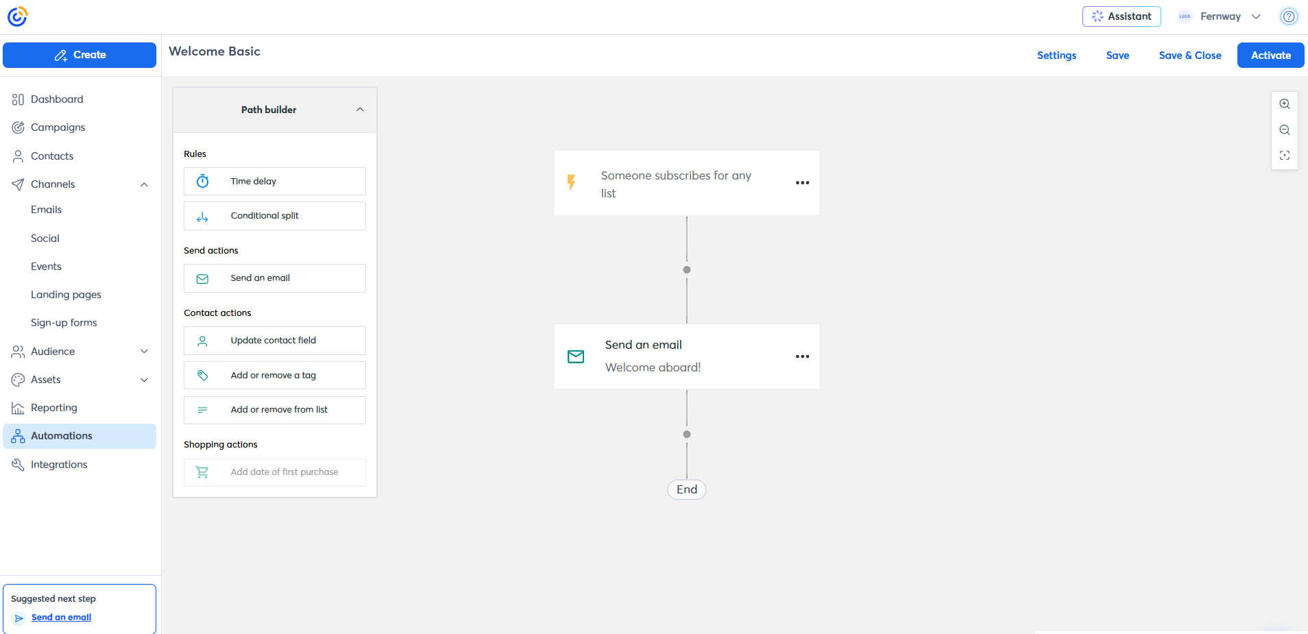 Constant Contact path builder with rules, send actions, contact actions, and shopping actions next to a welcome email path