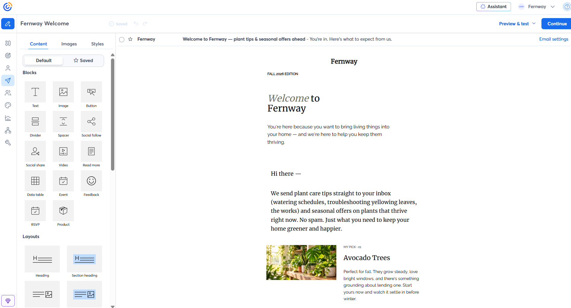 Constant Contact email editor with content blocks, layouts, and an AI-generated plant shop welcome email
