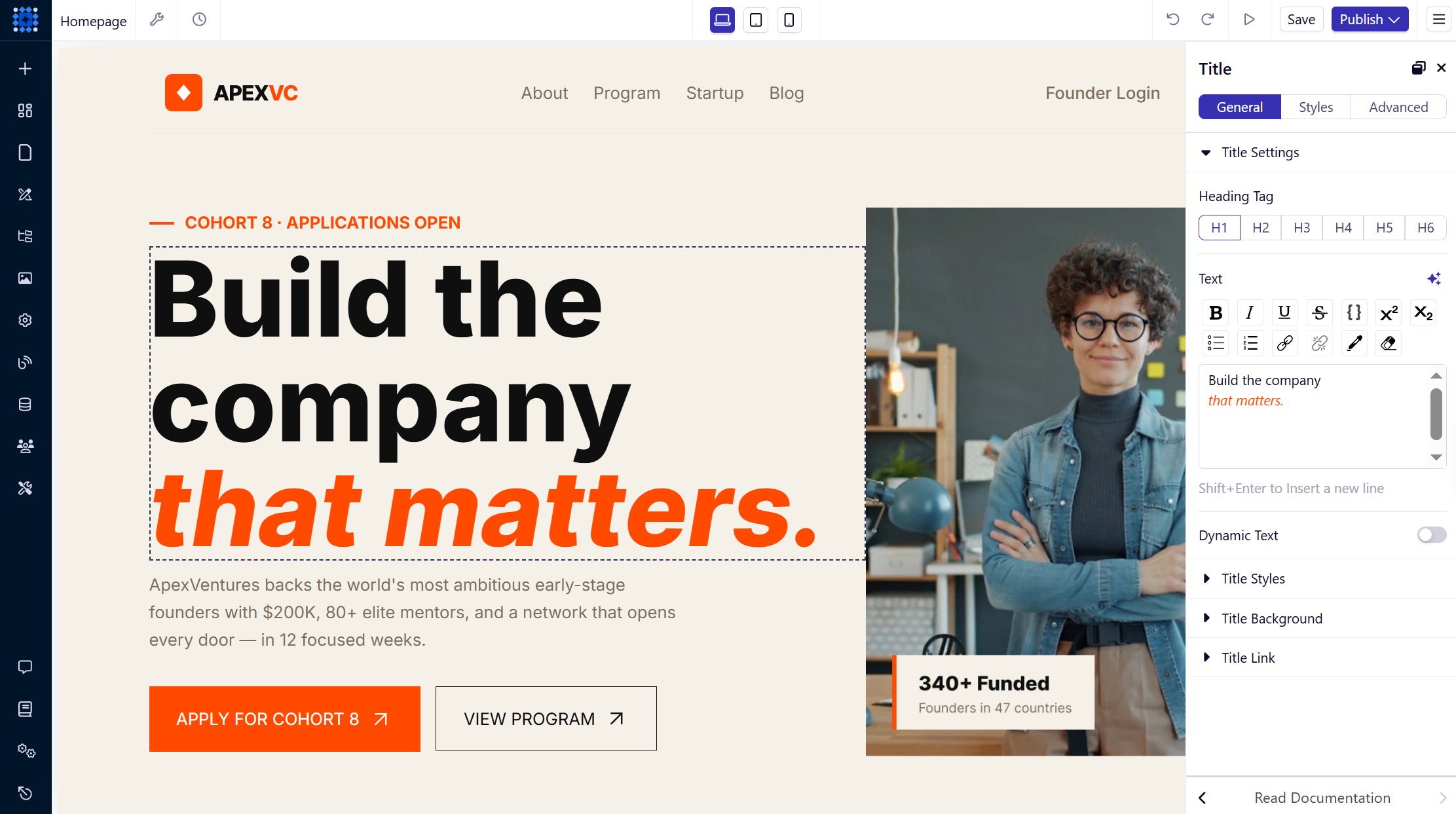Editing a homepage headline in Dorik 