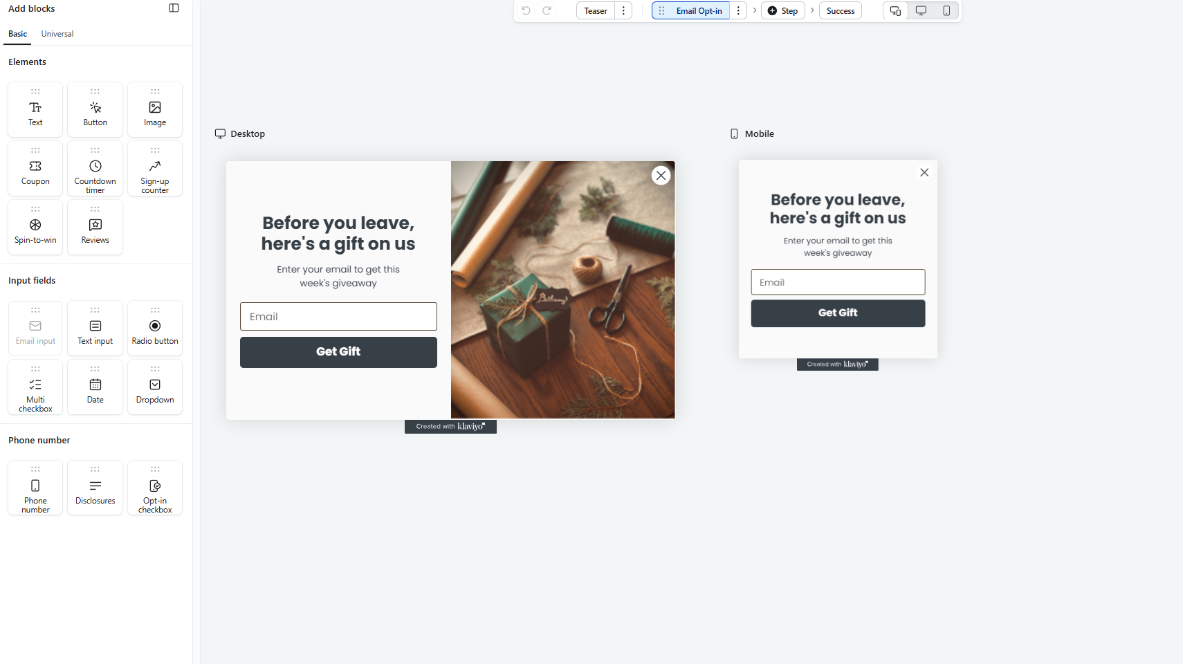 Designing a multi-step giveaway pop-up in Klaviyo