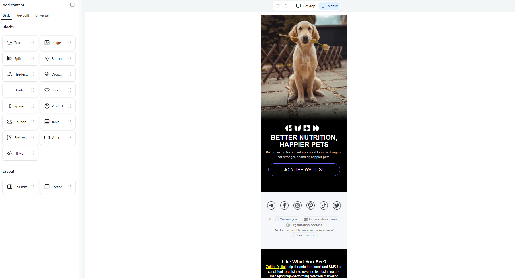Designing a product launch email with Klaviyo's content blocks