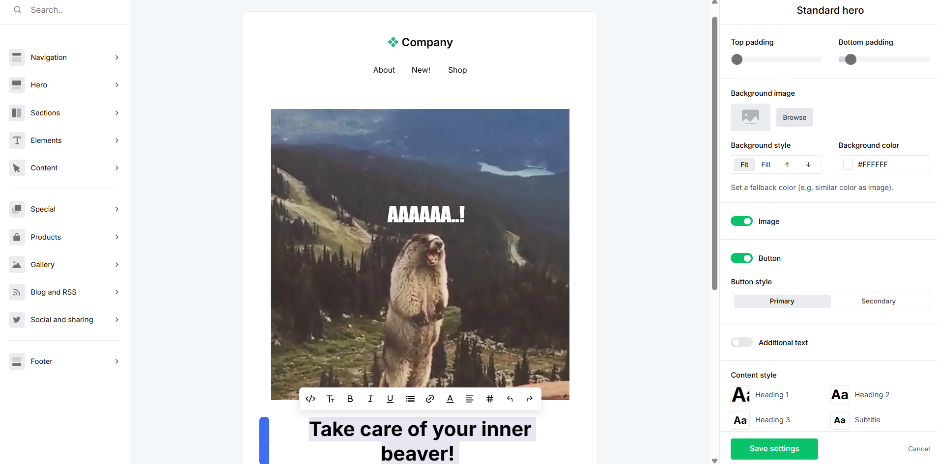 MailerLite email builder showing a Standard hero block with padding, background image, and button style settings