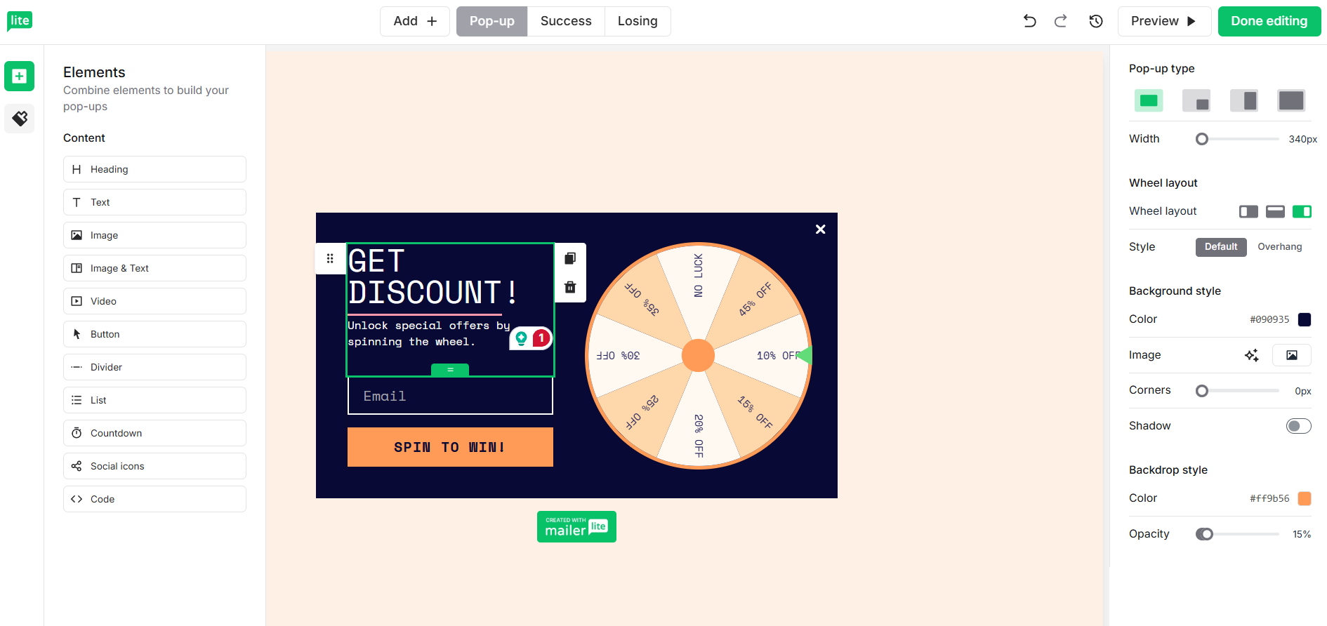 MailerLite pop-up editor showing a spin-to-win discount wheel with Pop-up, Success, and Losing states
