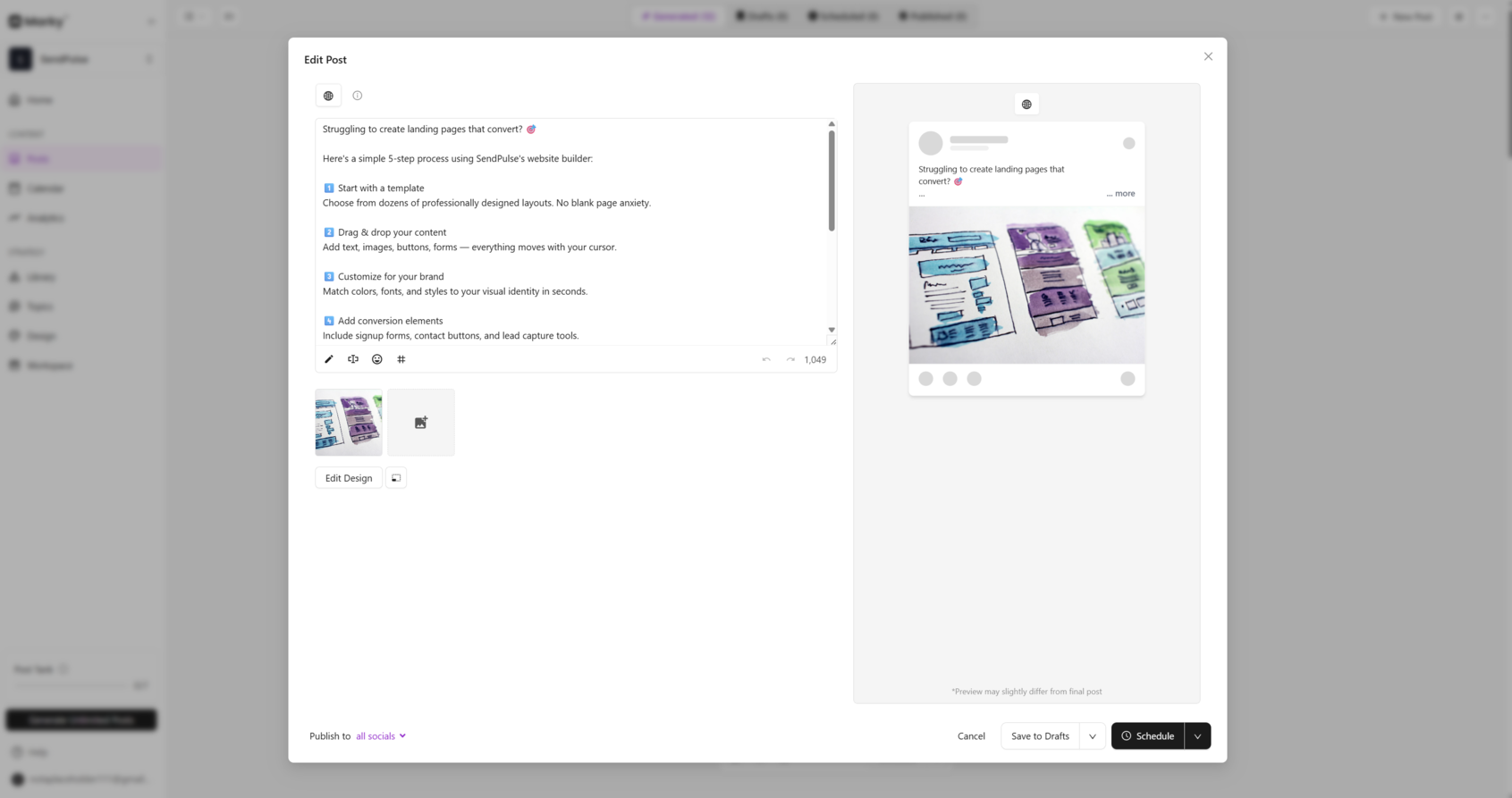 Interfaz del panel de generación automática de publicaciones en redes sociales en Marky AI