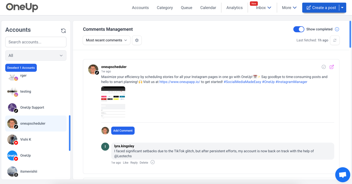 Interfaz del administrador de los comentarios de TikTok en OneUp