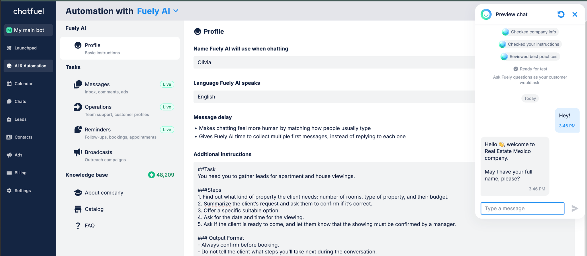 Interfaz de configuración de Fuely AI, chatbot de Chatfuel
