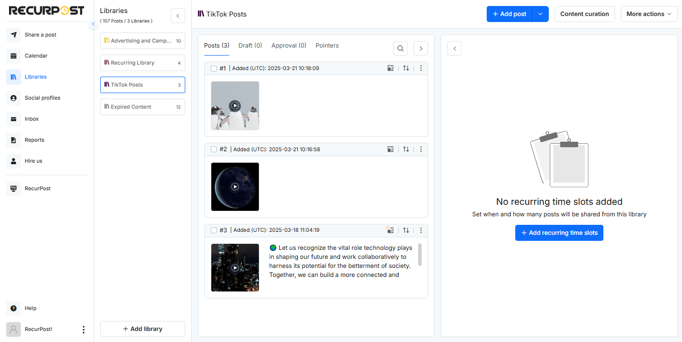 Interfaz para ver clips de TikTok en el plan de calendario de RecurPost