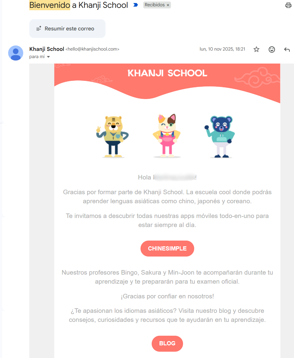 El correo de bienvenida de Khanji School sirve como email marketing de ejemplo debido a su plantilla atractiva y funcional 