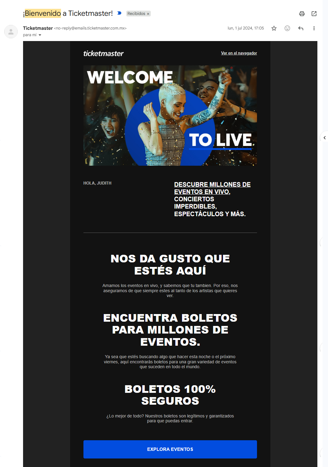 Ticketmaster muestra lo que su platafroma ofrece desde el correo de bienvenida