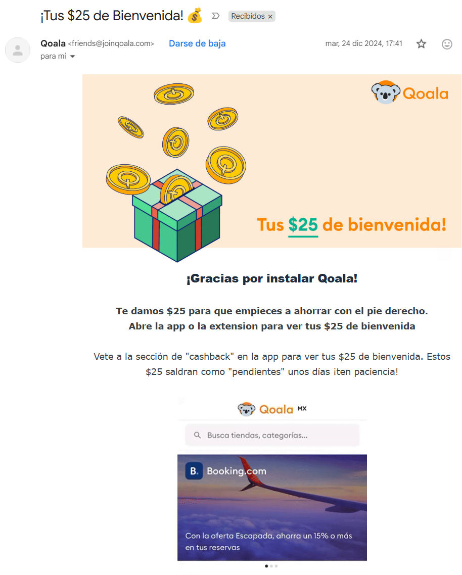 Entre los mejores ejemplos de email marketing de bienvenida Qoala destaca por dar beneficios desde el inicio