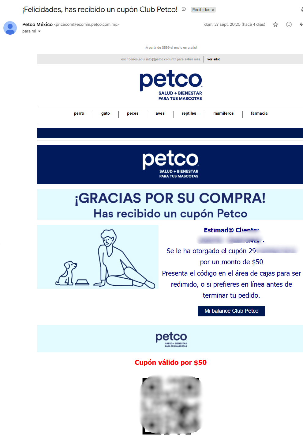 Petco envía promociones atractivas a sus clientes después de una compra 