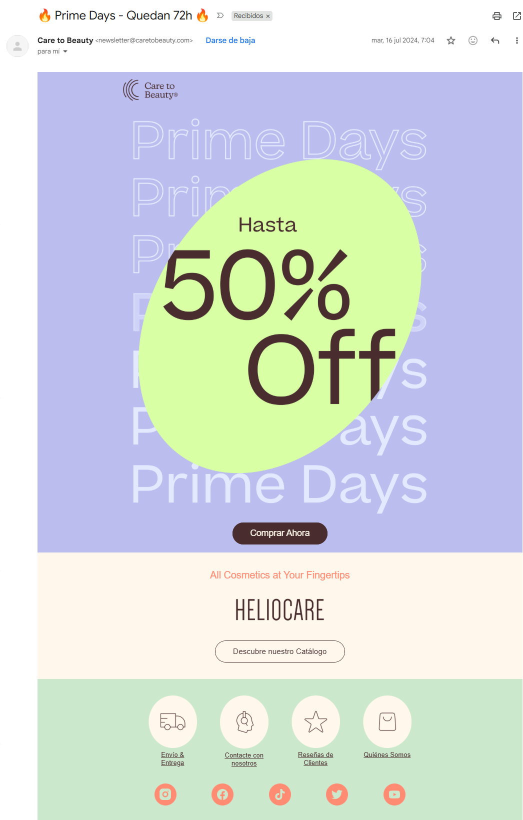 El correo de Care to Beauty es una de las campañas de email marketing ejemplos con mayor efectividad, ya que ofrece una promoción atarctiva 