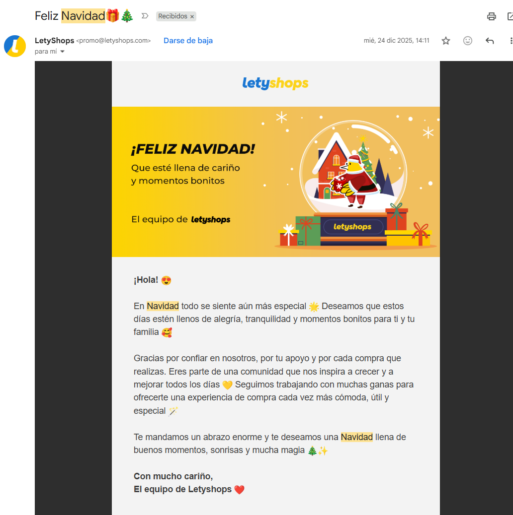 LetyShops envia campañas deseando deliz Navidad a sus usuarios