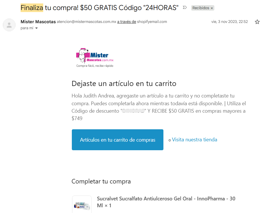 Campaña de correo de carrito abandonado ofrece $50 gratis