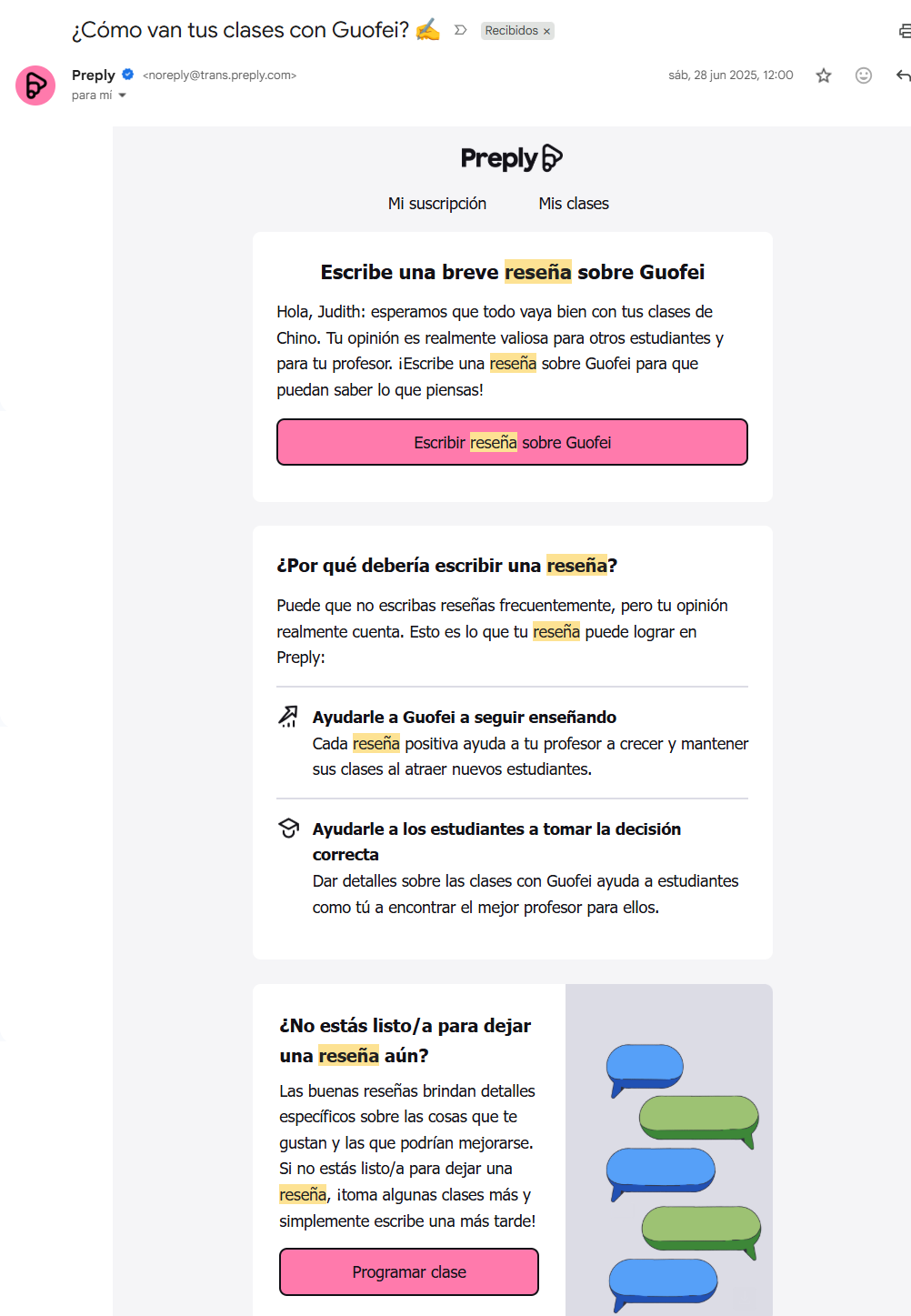 Preply solicita reseñas de las clases, enviando las ventajas de hacerlo