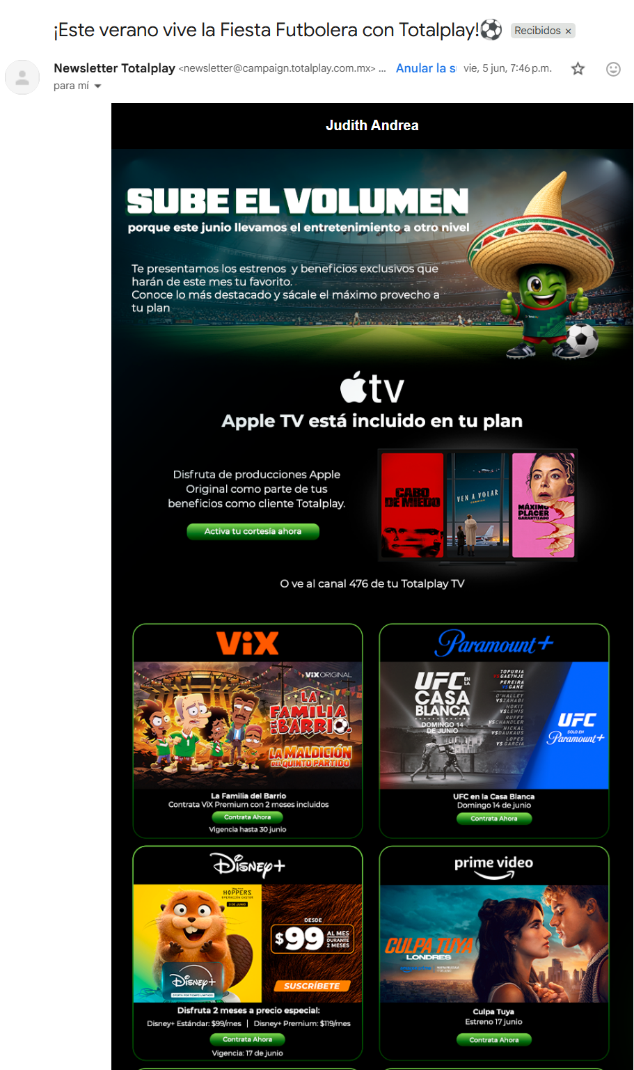 Entre los email marketing ejemplos, Totalplay se posiciona como un excelete referente para empresas que quieren mostrar varias promociones