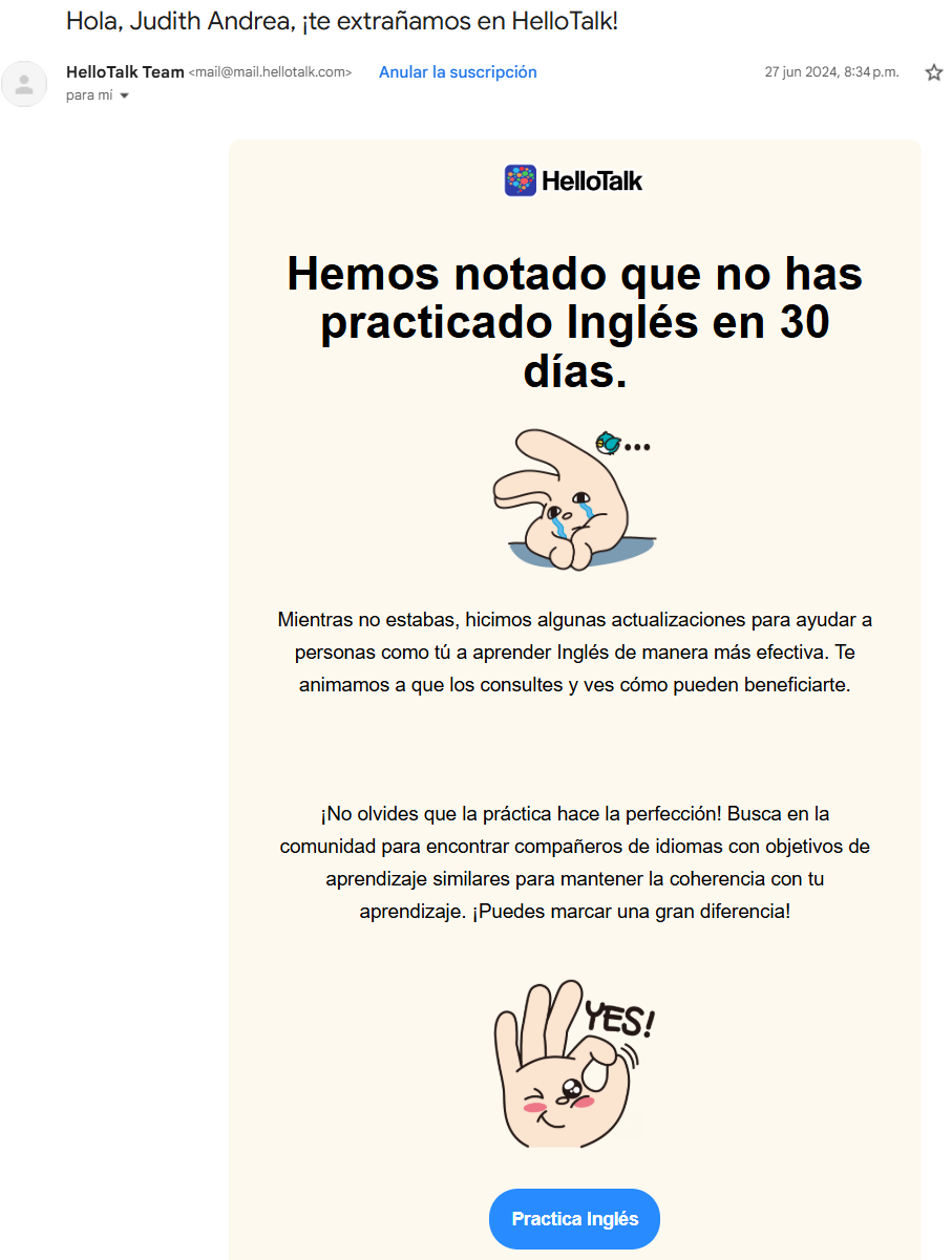 HelloTalk avisa a los clientes que no han practicado el idioma de su elección por 30 días, invitandolos a regresar y seguir aprendiendo