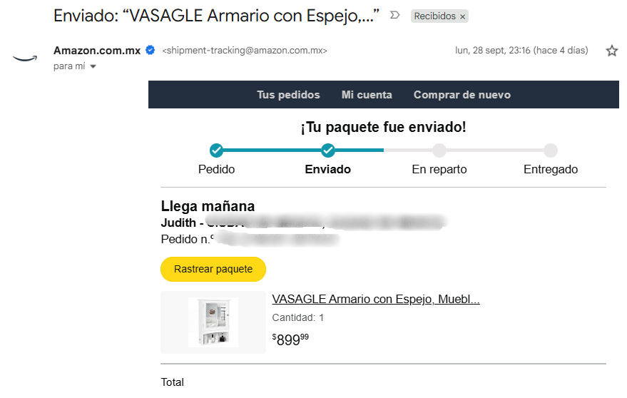 Email marketign de ejemplo de Amazon da seguimiento a paquetes