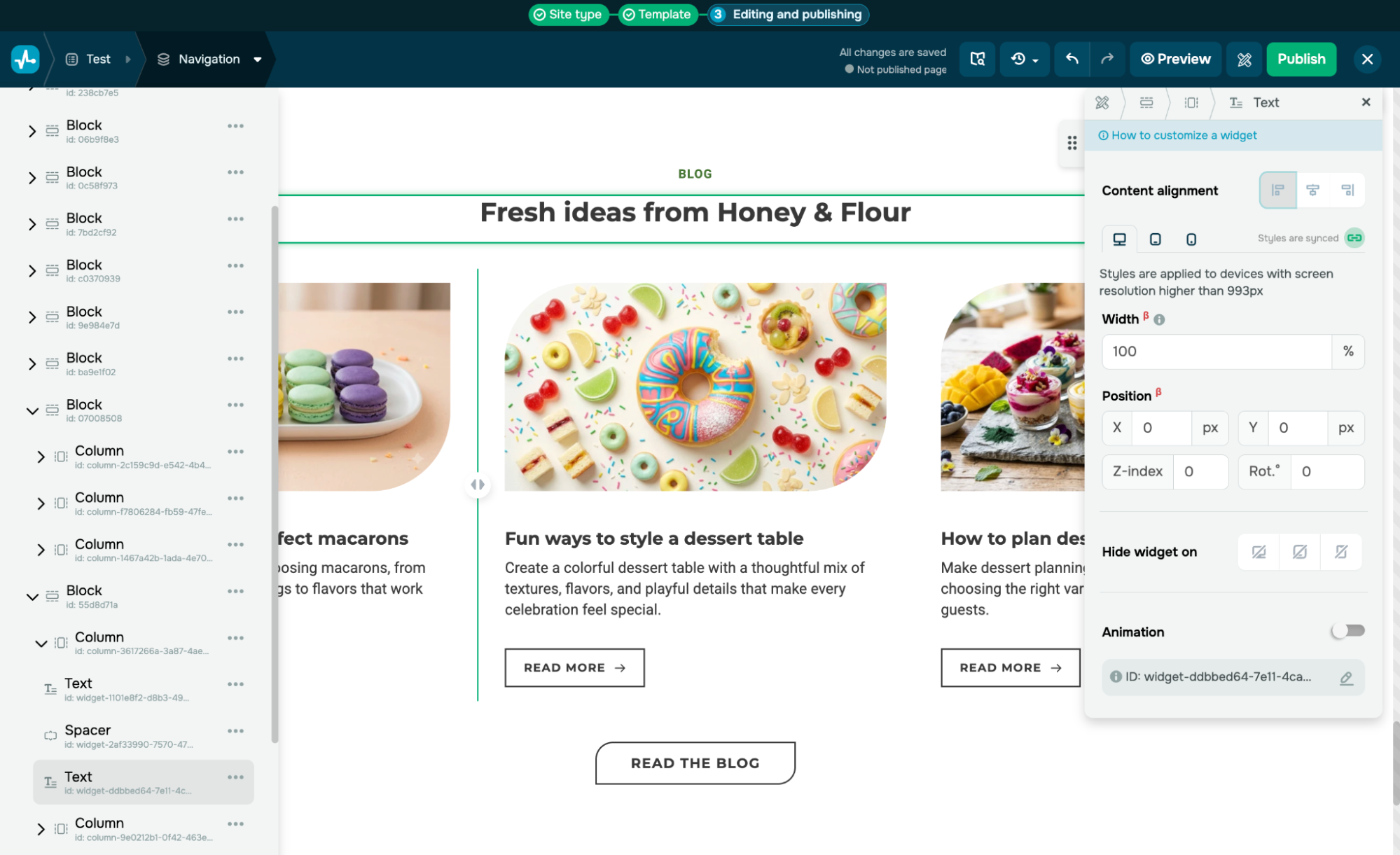 Editing a website in SendPulse