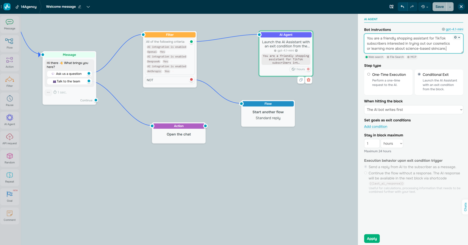 Vista del editor de flujos de chatbot de TikTok en SendPulse