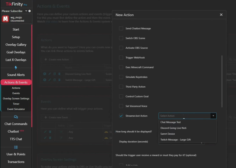 Opciones para configurar acciones de chatbot personalizadas en TikFinity