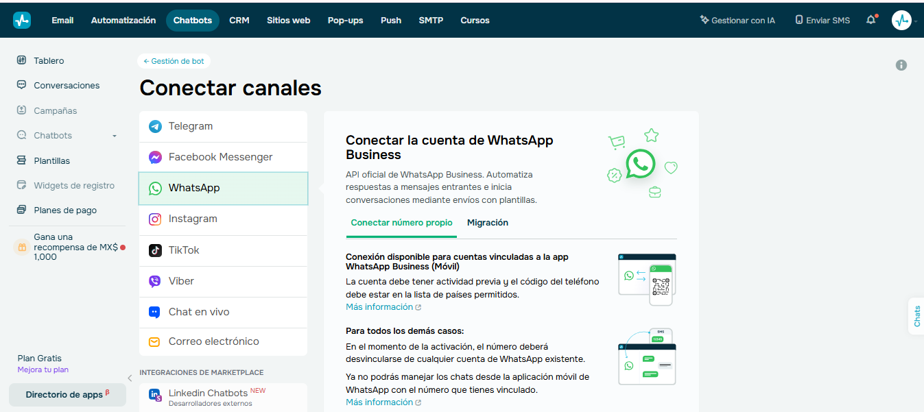 Sección para conectar WhatsApp desde SendPulse